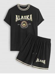 Preppy Casual Rib Collar ALASKA IS THE LAST FRONTIER Letter Eagle Graphic Short Sleeves T Shirt With Drawstring Shorts Set -  