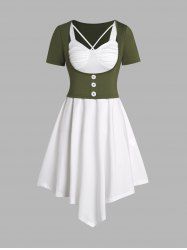 Short Sleeve Mock Button Top And Ruched Bust Crisscross Asymmetric Dress Set -  