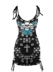Flower Skull Wing Print Cinched Tie Shoulder Tank Top -  