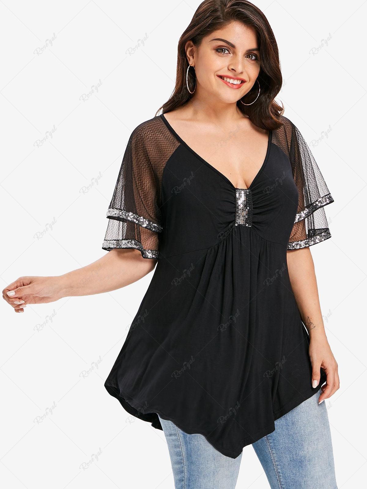 Trendy Plus Size Ruched Sparkling Sequin Mesh Shoulder V Neck T-shirt  