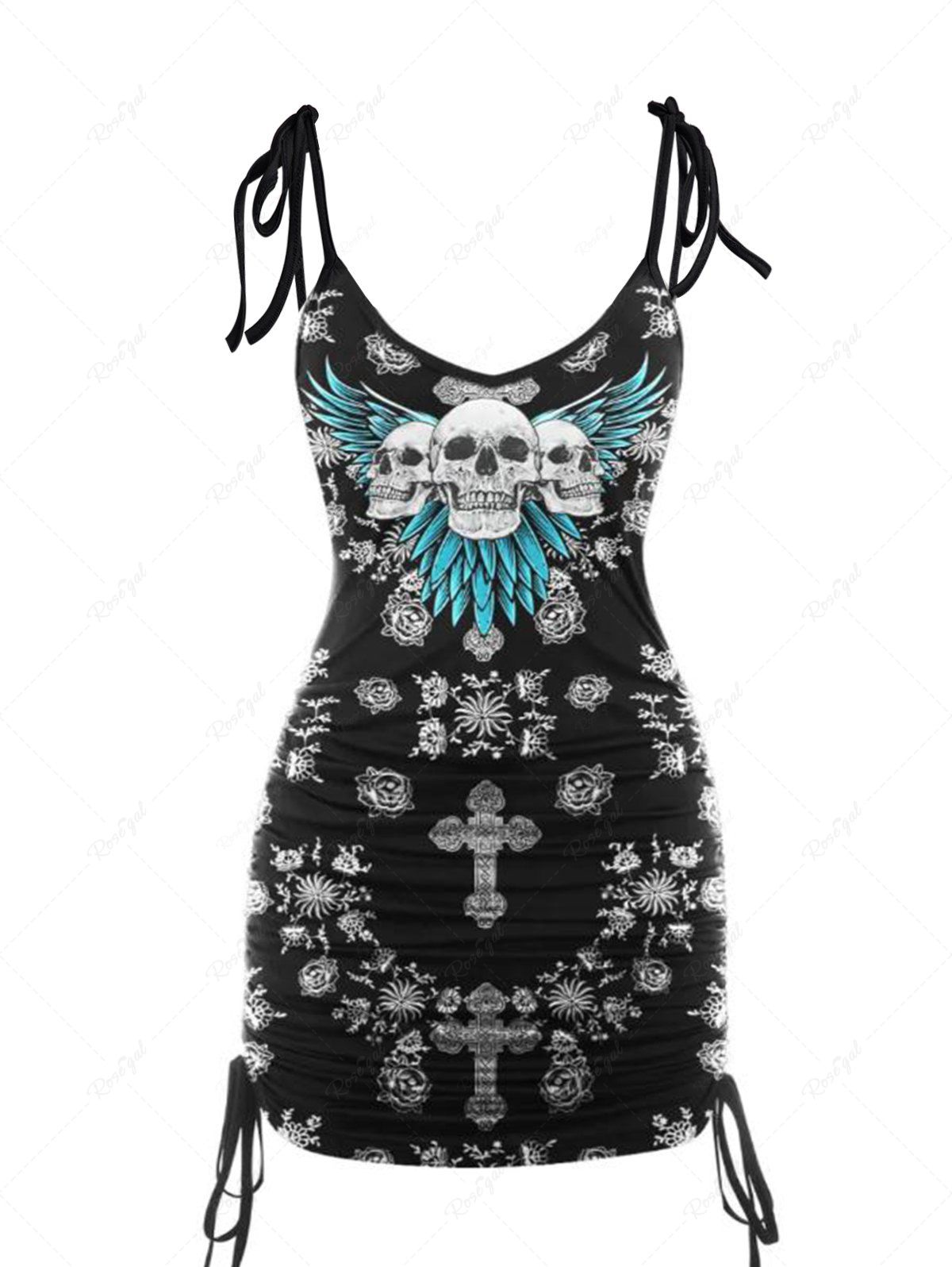 Fancy Flower Skull Wing Print Cinched Tie Shoulder Tank Top  