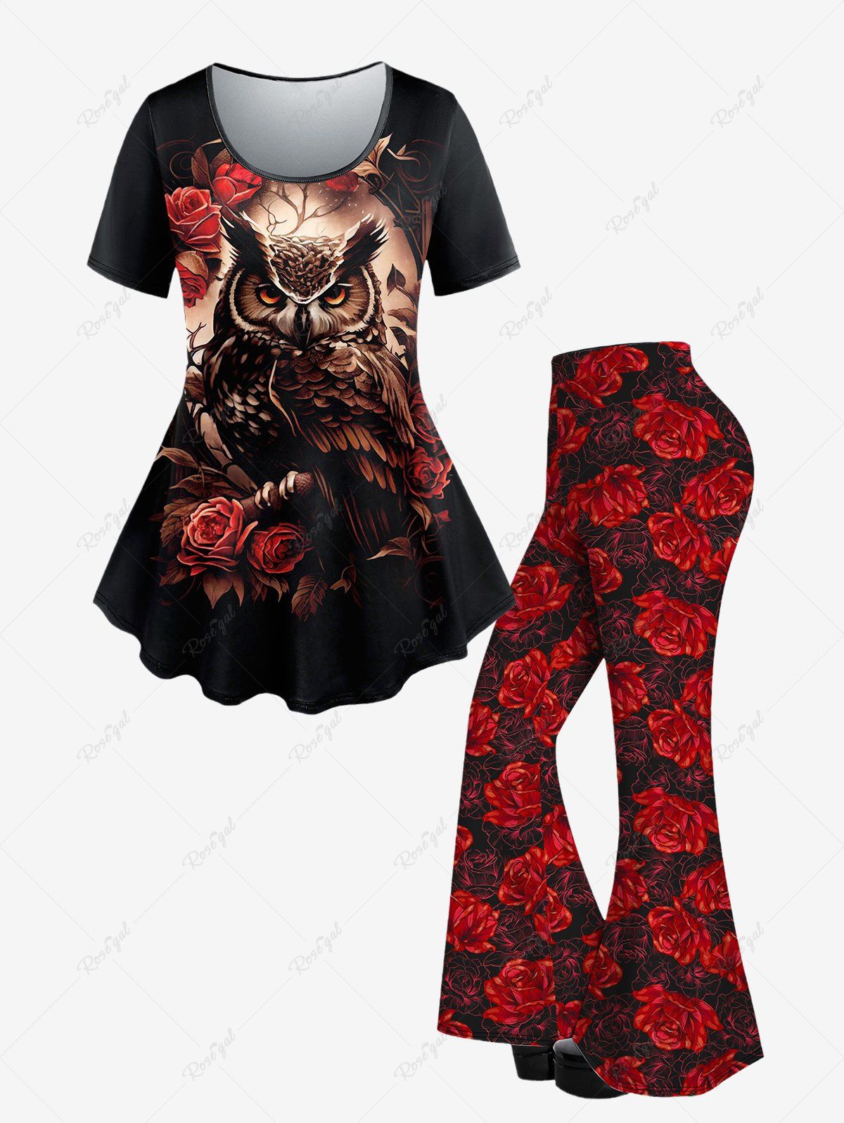 Shops Gothic Flower Owl Printed Short Sleeves T-shirt and Flare Pants Outfit  