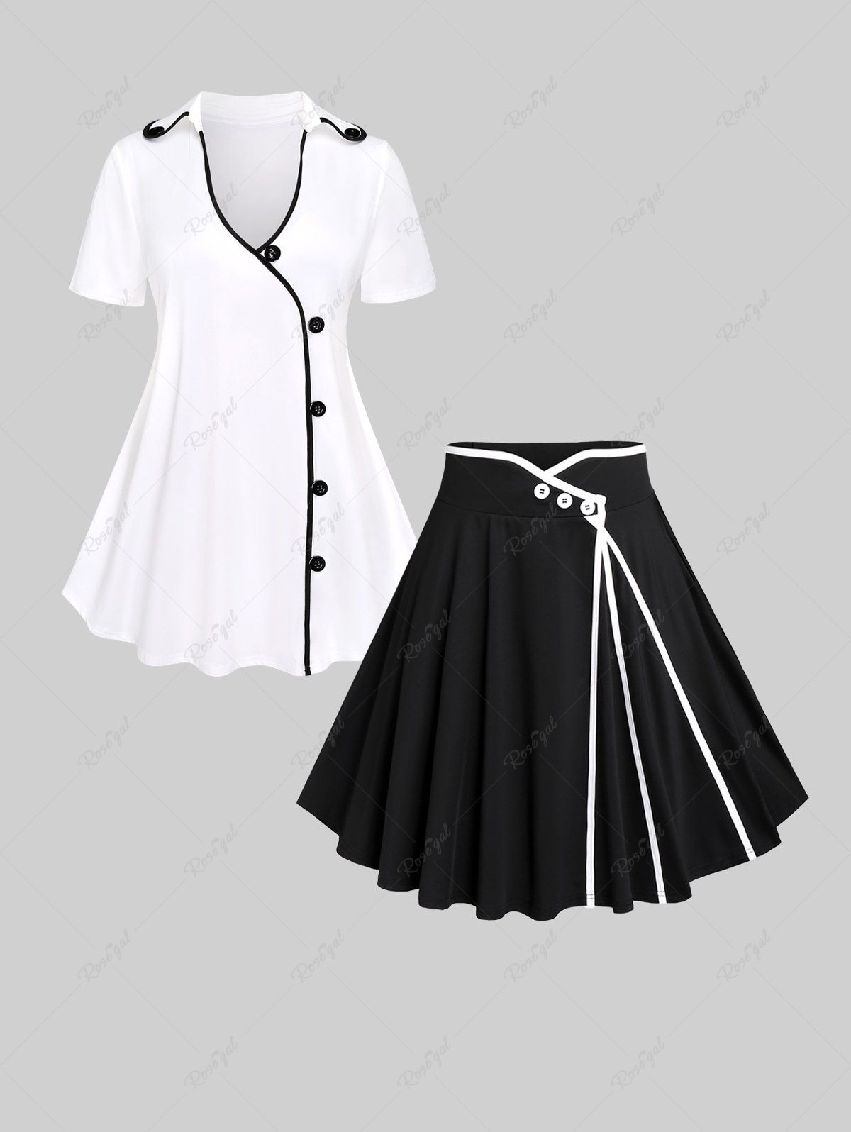 Unique Monochrome Binding Trim Buttons Top and Keen Length Skirt Plus Size Summer Outfit  