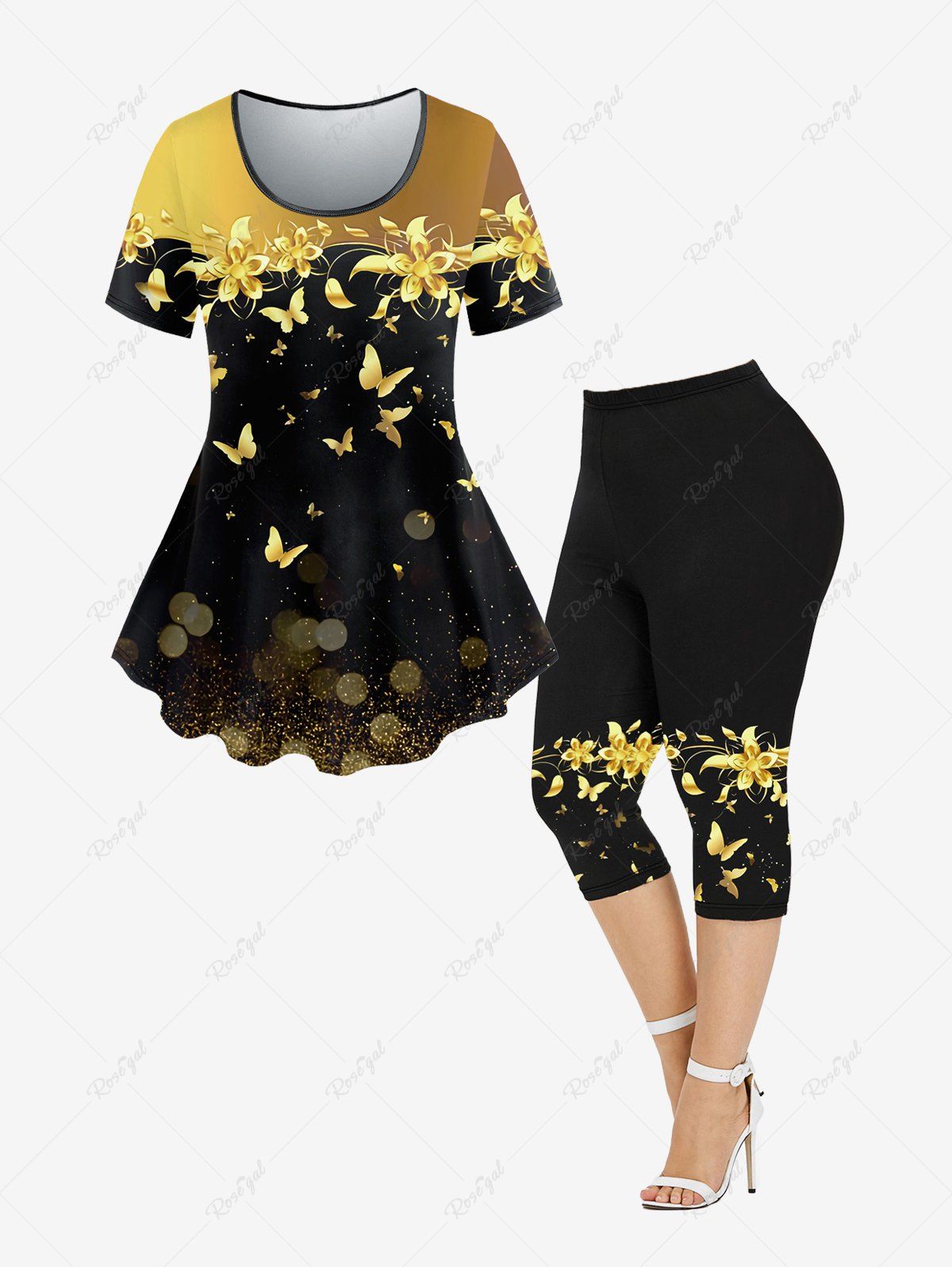 Cheap Butterfly Flower Print Short Sleeves Tee and Capri Leggings Plus Size Matching Outfit  