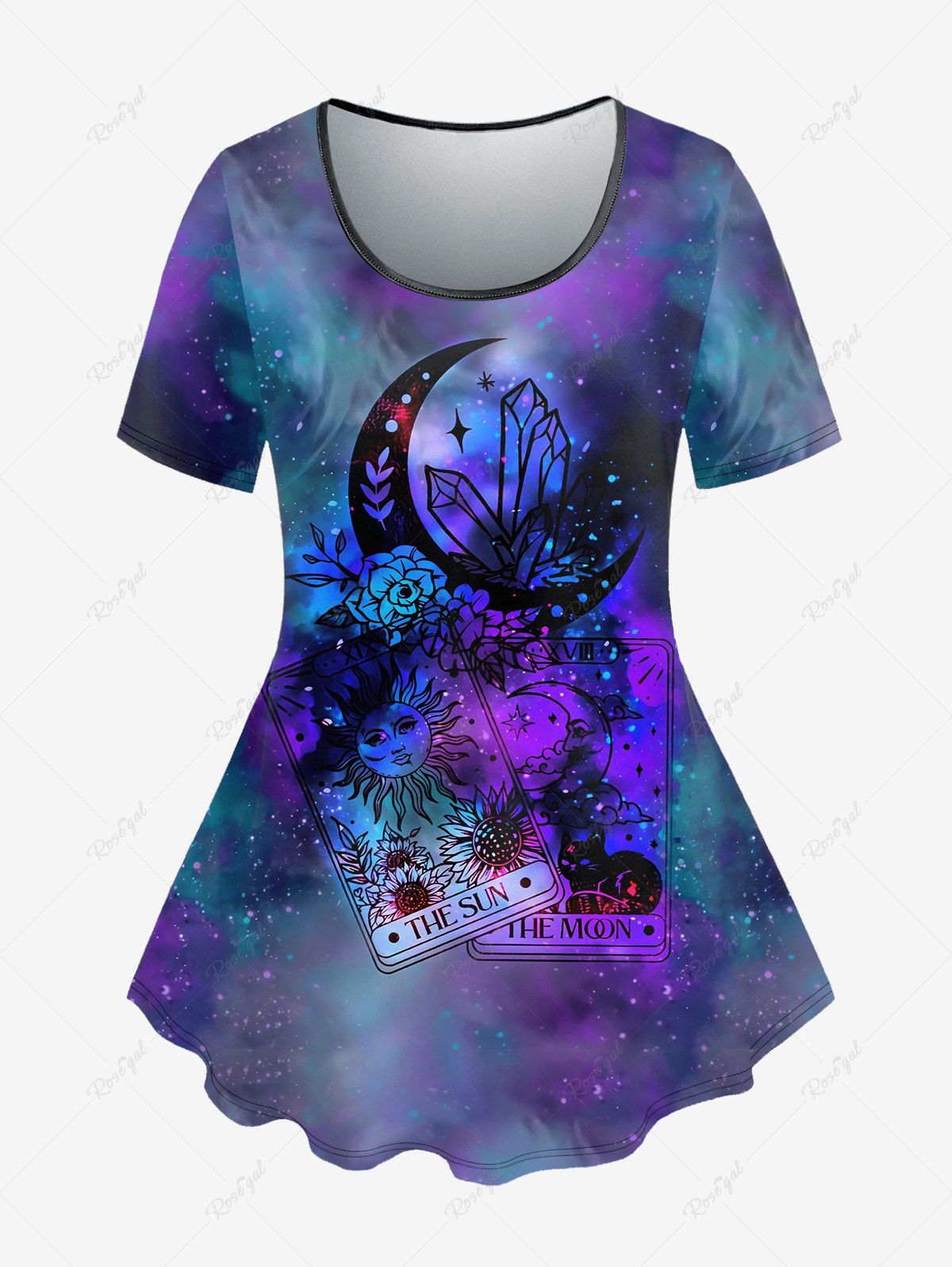 T-shirt Galaxie Fleur Lune et Soleil Imprimés de Grande Taille Pourpre  6X