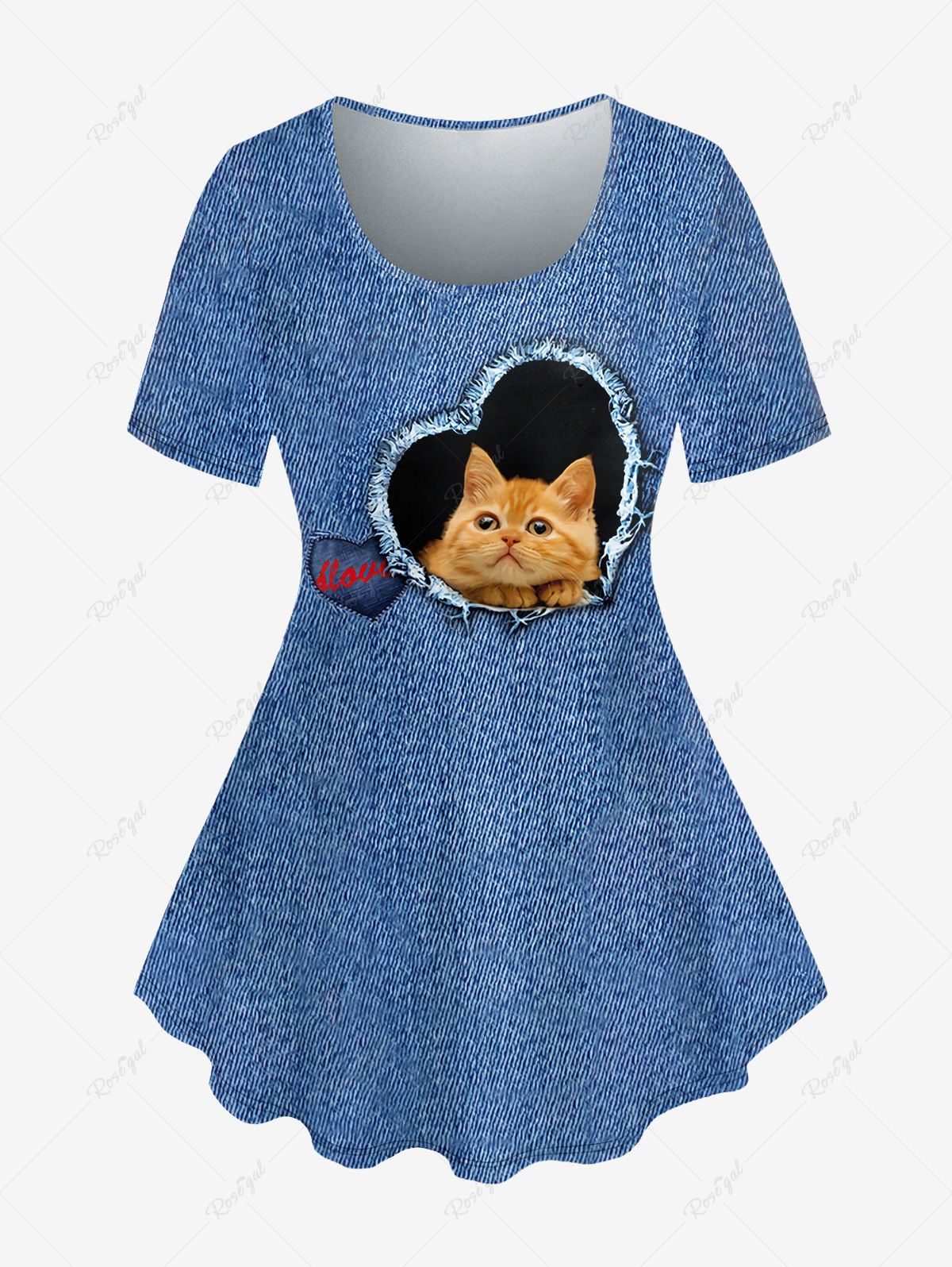 Outfits Plus Size 3D Ripped Heart Cat Denim Print T-shirt  