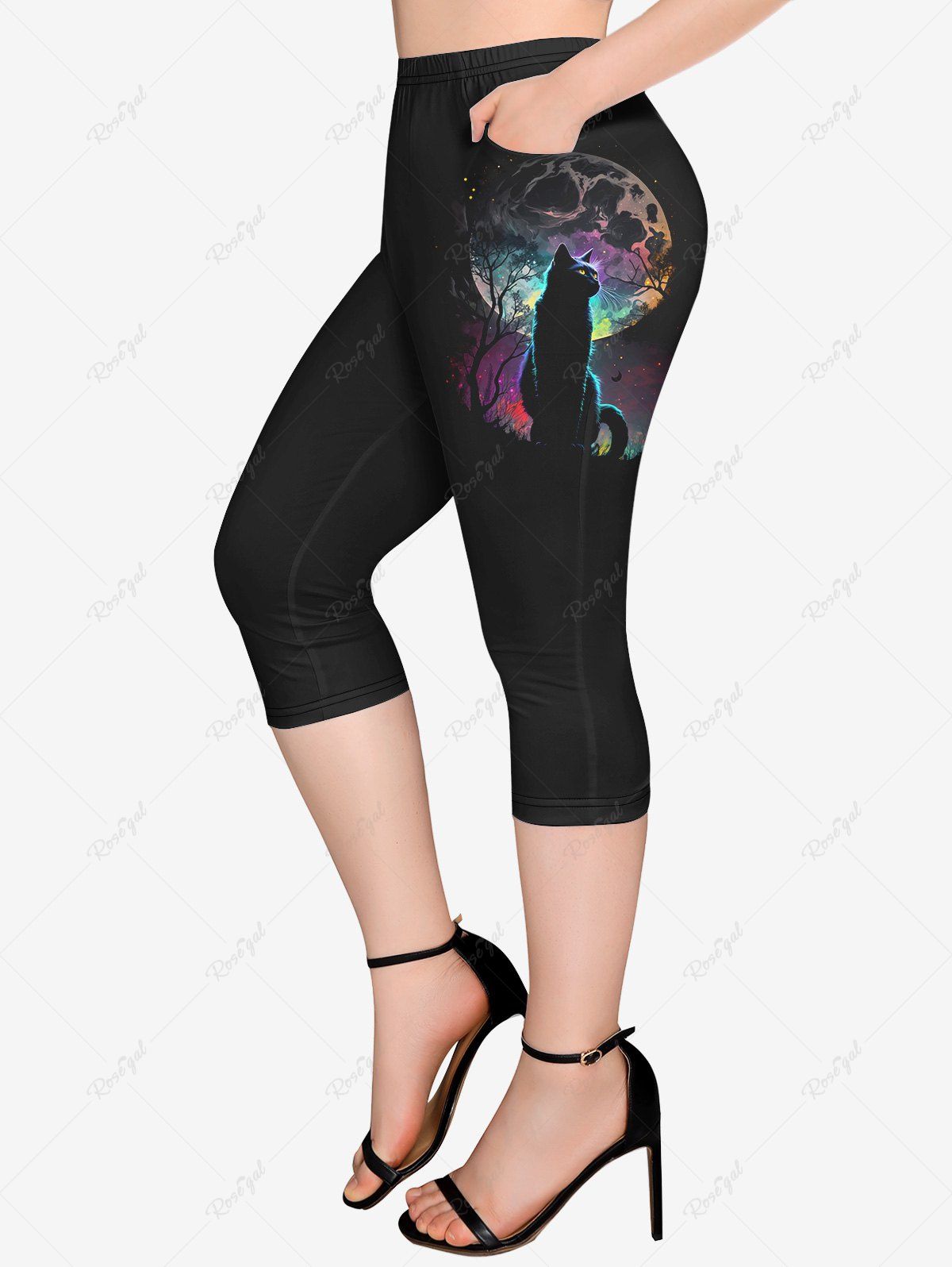 Cheap Plus Size Cat Moon Stars Print Pockets Capri Leggings  