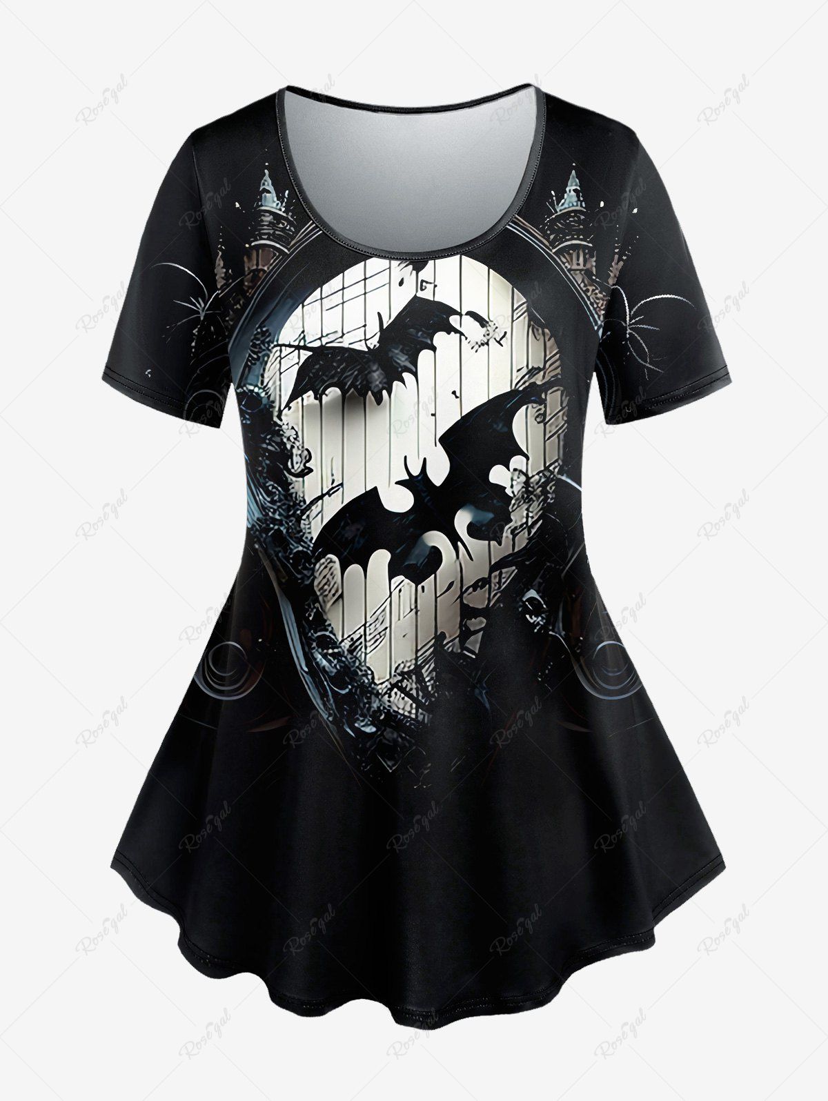 Unique Gothic Bat Castle Print Short Sleeves T-shirt  