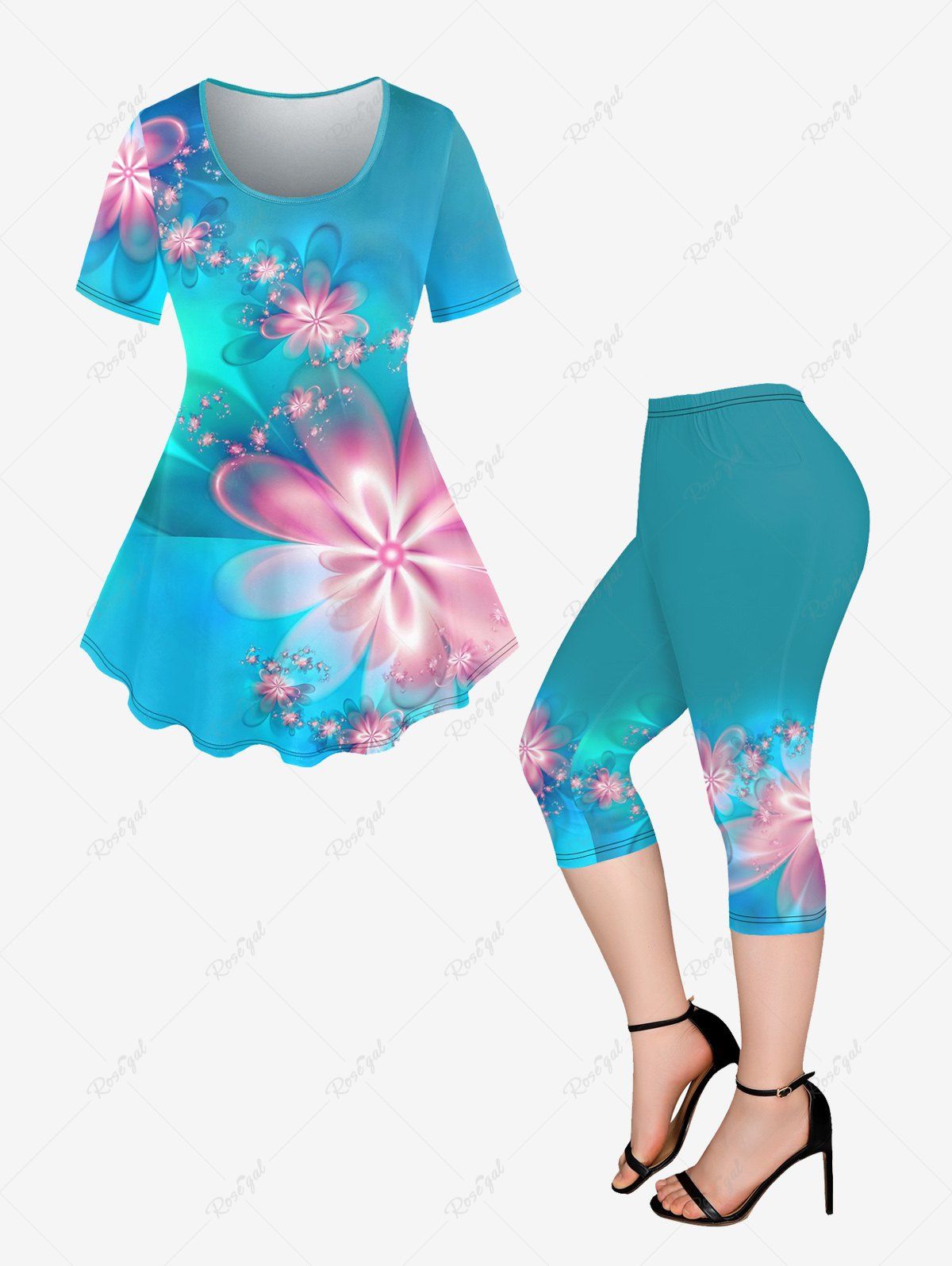 Trendy Flower Light Beam Print Short Sleeves T-shirt and Capri Leggings Plus Size Outfits  