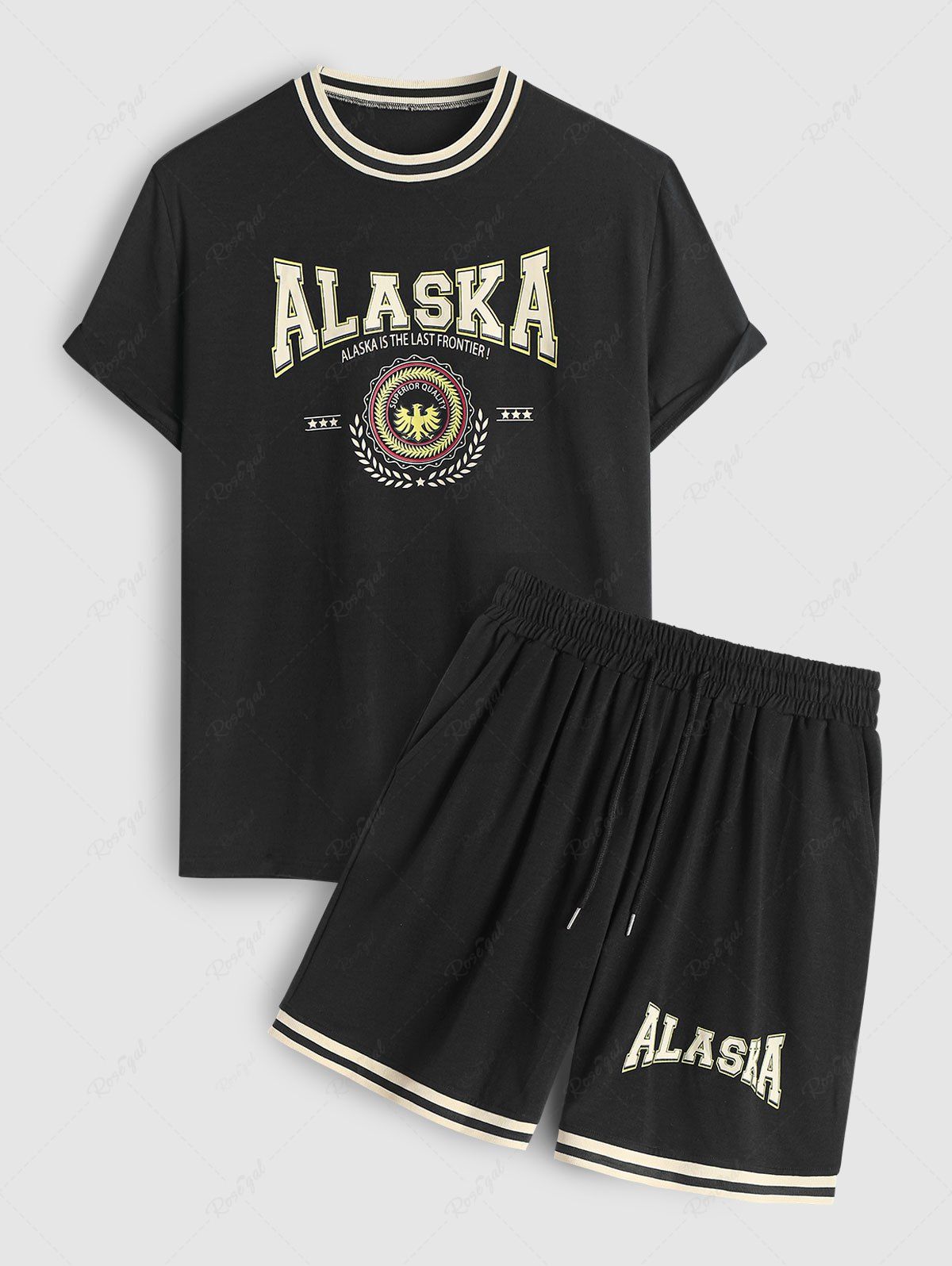 Store Preppy Casual Rib Collar ALASKA IS THE LAST FRONTIER Letter Eagle Graphic Short Sleeves T Shirt With Drawstring Shorts Set  