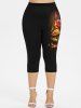 Flower Leaves Flame Printed Short Sleeves T-shirt and Pockets Capri Leggings Plus Size Outfit -  