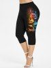 Flower Leaves Flame Printed Short Sleeves T-shirt and Pockets Capri Leggings Plus Size Outfit -  