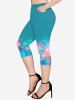 Flower Light Beam Print Short Sleeves T-shirt and Capri Leggings Plus Size Outfits -  