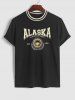 Preppy Casual Rib Collar ALASKA IS THE LAST FRONTIER Letter Eagle Graphic Short Sleeves T Shirt With Drawstring Shorts Set -  