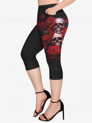 Gothic Rose Skull Printed Pockets Capri Leggings