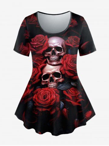 Gothic Flower Skulls Print T-shirt - BLACK - M