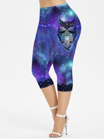 Plus Size Galaxy Owl Print Capri Leggings