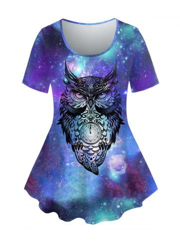 T-shirt Hibou et Galaxie Imprimés à Manches Courtes de Grande Taille - BLUE - 2X