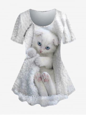 Plus Size Cat Print Short Sleeves T-shirt - WHITE - S