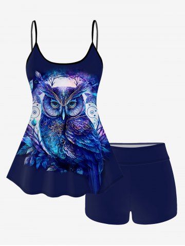 Owl Leaves Print Boyleg Tankini Swimsuit (Adjustable Shoulder Strap) - DEEP BLUE - L