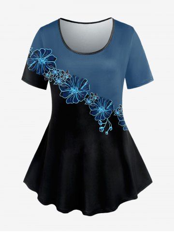 Plus Size Colorblock Flower Print Short Sleeves T-shirt - BLUE - M