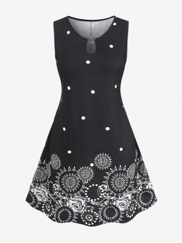 Plus Size Polka Dot Paisley Print O-ring Dress - BLACK - 2XL