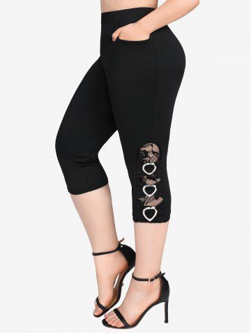 Plus Size Floral Lace Hollow Out Heart Buckle Cropped Leggings