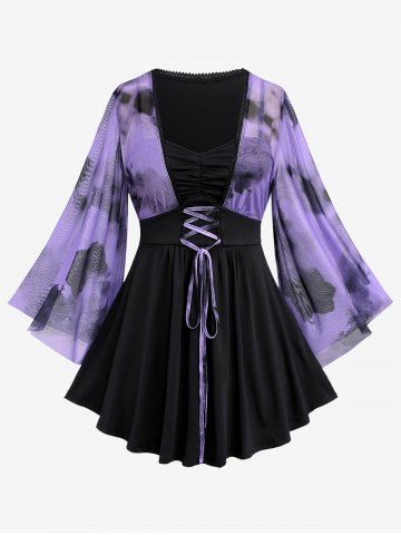 Plus Size Ink Painting Mesh Flare Sleeves Lace Up Ruched T-shirt - LIGHT PURPLE - 3X | US 22-24