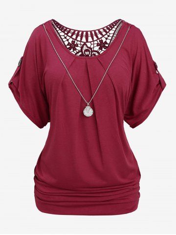 Plus Size Ruched Chain Lace Back Button T-shirt - DEEP RED - L | US 12