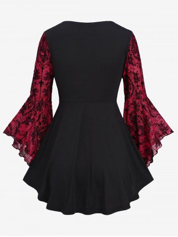 Gothic Bell Sleeves Cross Floral Mesh Flocking Lace Up Ruched Ruffles 2 in 1 Long Sleeves Top