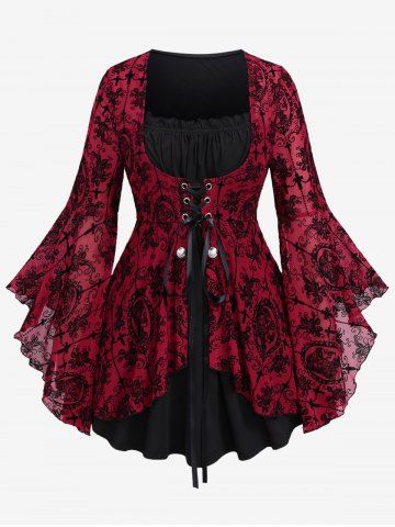 Gothic Bell Sleeves Cross Floral Mesh Flocking Lace Up Ruched Ruffles 2 in 1 Long Sleeves Top