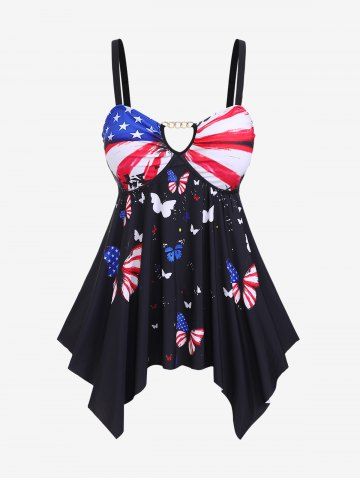 Plus Size Chain Panel Patriotic American Flag Butterfly Print Tankini Swimsuit - BLACK - M | US 10