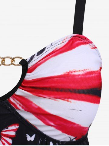 Plus Size Chain Panel Patriotic American Flag Butterfly Print Tankini Swimsuit