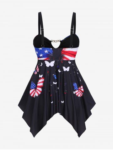 Plus Size Chain Panel Patriotic American Flag Butterfly Print Tankini Swimsuit