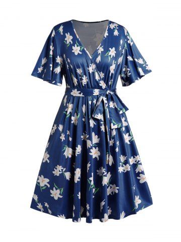 Plus Size Flower Print Surplice Plunging Neck Belted High Waisted A Line Mini Dress - DEEP BLUE - XXL