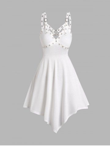 Solid Color Eyelet Buckle Strap O Ring Asymmetric Midi Dress - WHITE - S