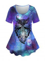 Plus Size Galaxy Owl Print Short Sleeves T-shirt -  