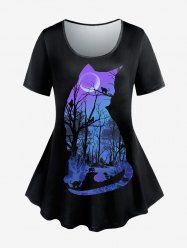 T-shirt Imprimé Chat à Arbre et Lune Grande Taille - Noir M