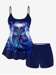 Owl Leaves Print Boyleg Tankini Swimsuit (Adjustable Shoulder Strap) -  