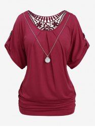 Plus Size Ruched Chain Lace Back Button T-shirt -  