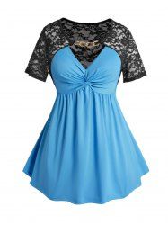 T-shirt Torsadé Panneau en Dentelle Embelli de Chaîne en Blocs de Couleurs de Grande Taille - Bleu L