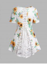 Leaf Sunflower Print Lace Up Lace Panel Back High Low Hem T Shirt -  