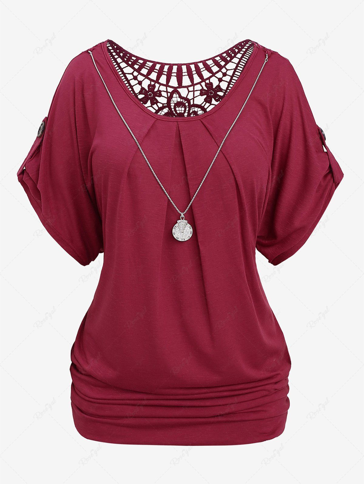 Outfit Plus Size Ruched Chain Lace Back Button T-shirt  