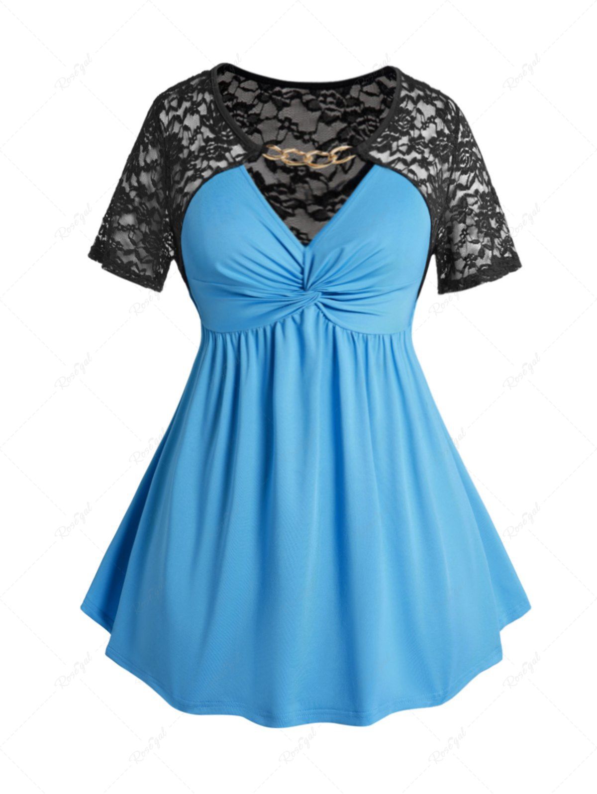 Store Plus Size Colorblock Lace Panel Chain Embellishment Twisted V Notched T Shirt  