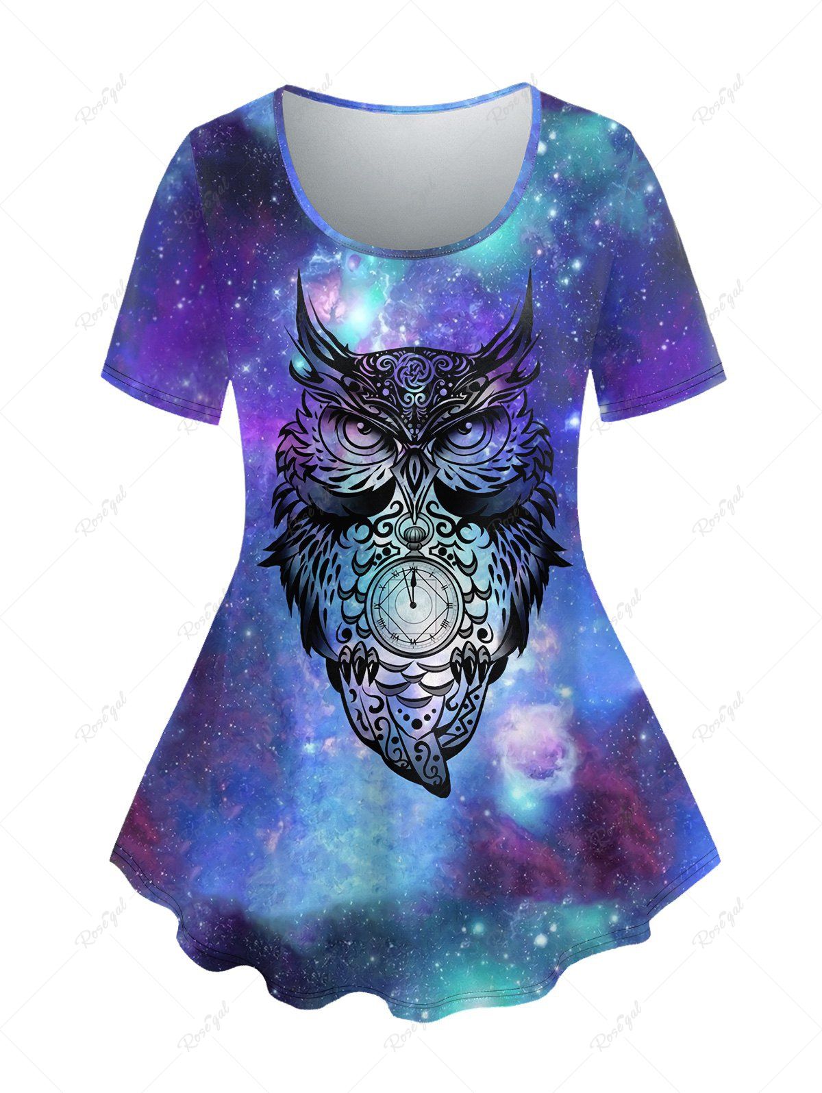 Hot Plus Size Galaxy Owl Print Short Sleeves T-shirt  