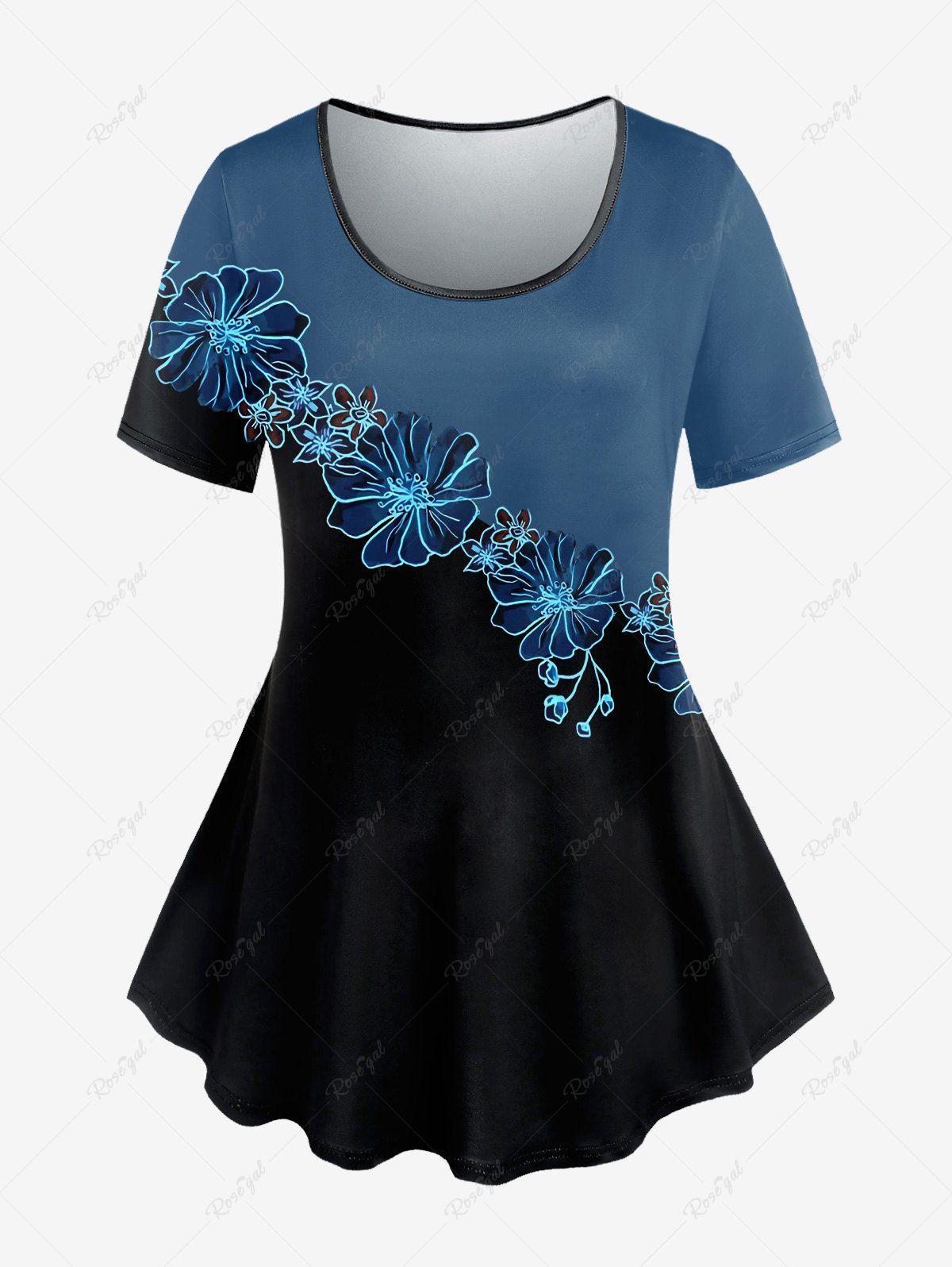T-shirt Fleur Imprimée en Blocs de Couleurs à Manches Courtes de Grande Taille Bleu 6X