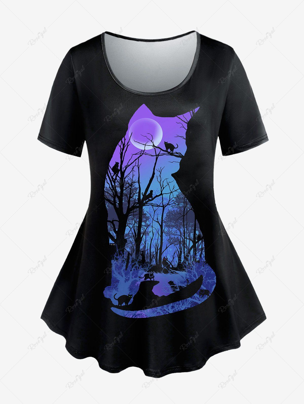 T-shirt Imprimé Chat à Arbre et Lune Grande Taille Noir M