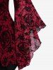Gothic Bell Sleeves Cross Floral Mesh Flocking Lace Up Ruched Ruffles 2 in 1 Long Sleeves Top -  