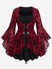 Gothic Bell Sleeves Cross Floral Mesh Flocking Lace Up Ruched Ruffles 2 in 1 Long Sleeves Top -  