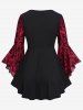 Gothic Bell Sleeves Cross Floral Mesh Flocking Lace Up Ruched Ruffles 2 in 1 Long Sleeves Top -  